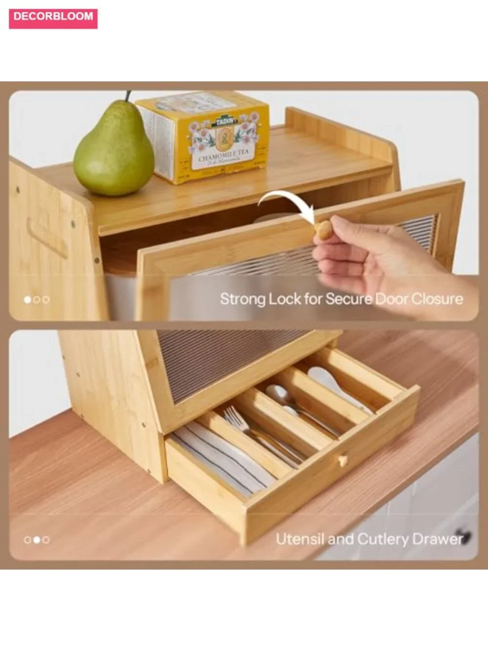 2-Tier Bamboo Bread Box with Acrylic Door and Drawer for Kitchen Countertop